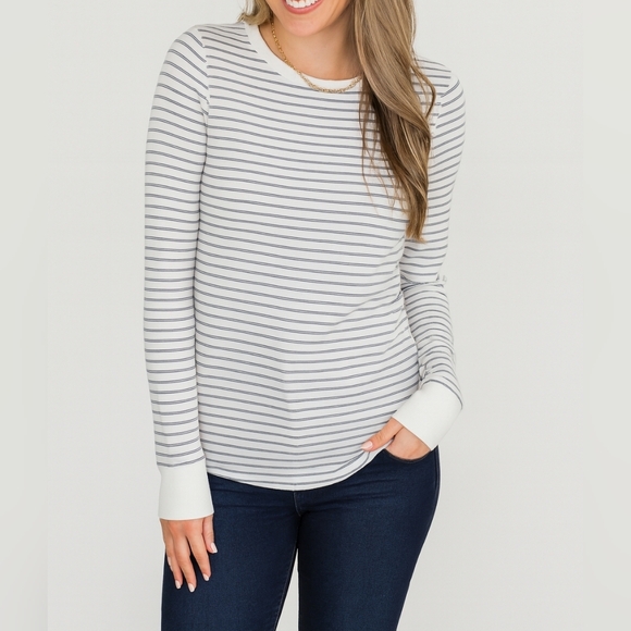 Thread & Supply Tops - Thread & Supply Striped Ribbed Knit Admiration Top White Navy Small Long Sleeve